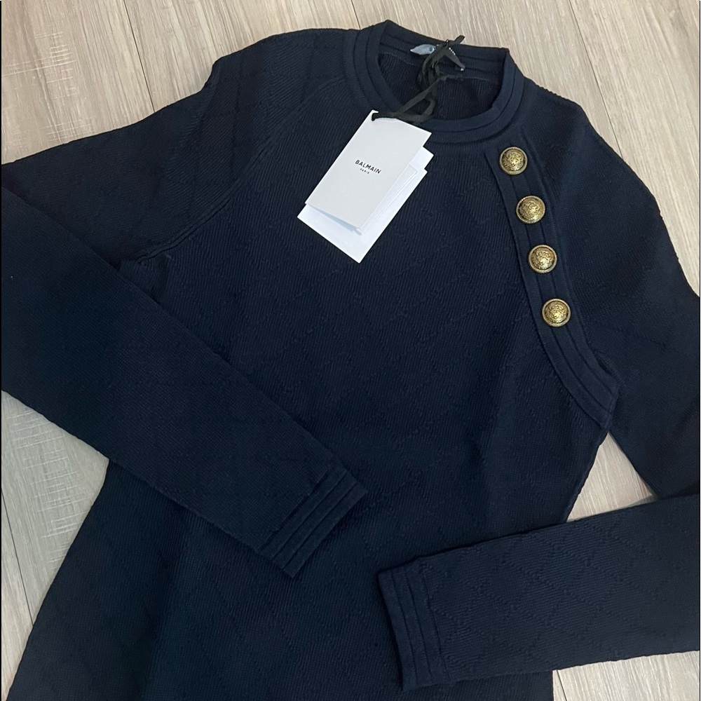 Authentic Balmain Button-Detailed Diamond Knit Sweater NAVY Size 38 F US M